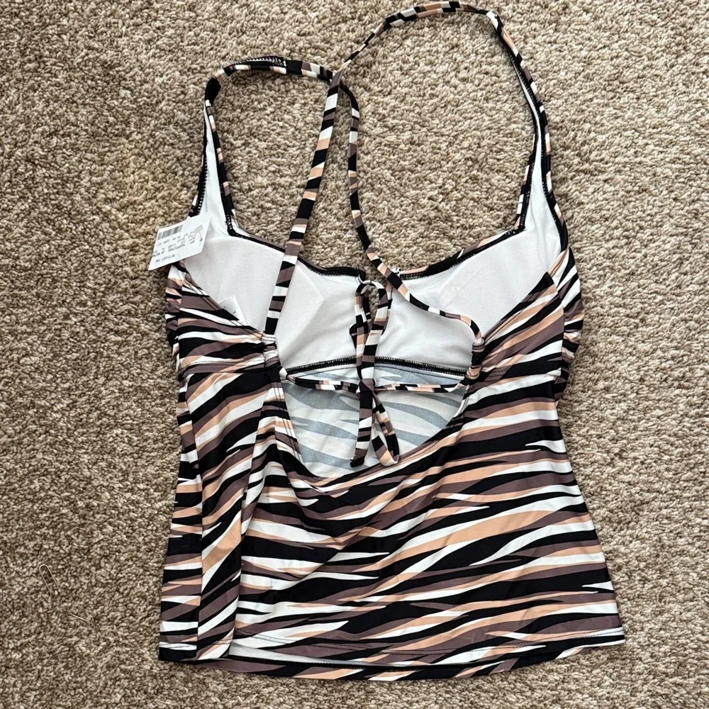 Striped Women's Top - Black, White, Tan swim tankini size large 🆕